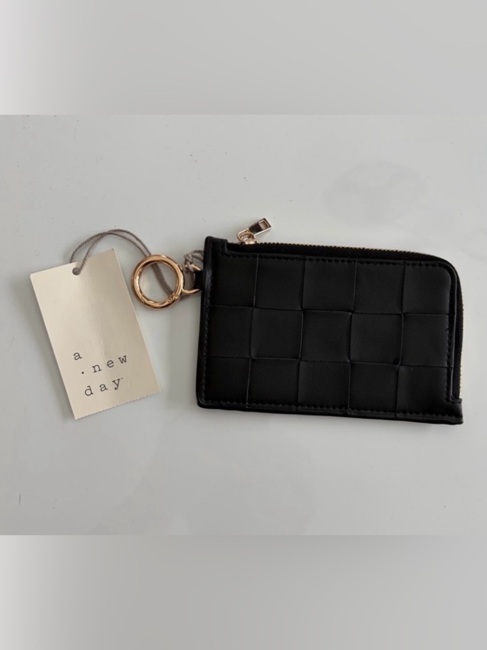 a new day Black Quilted Card Holder Wallet w/ Gold Ring Keychain NWT